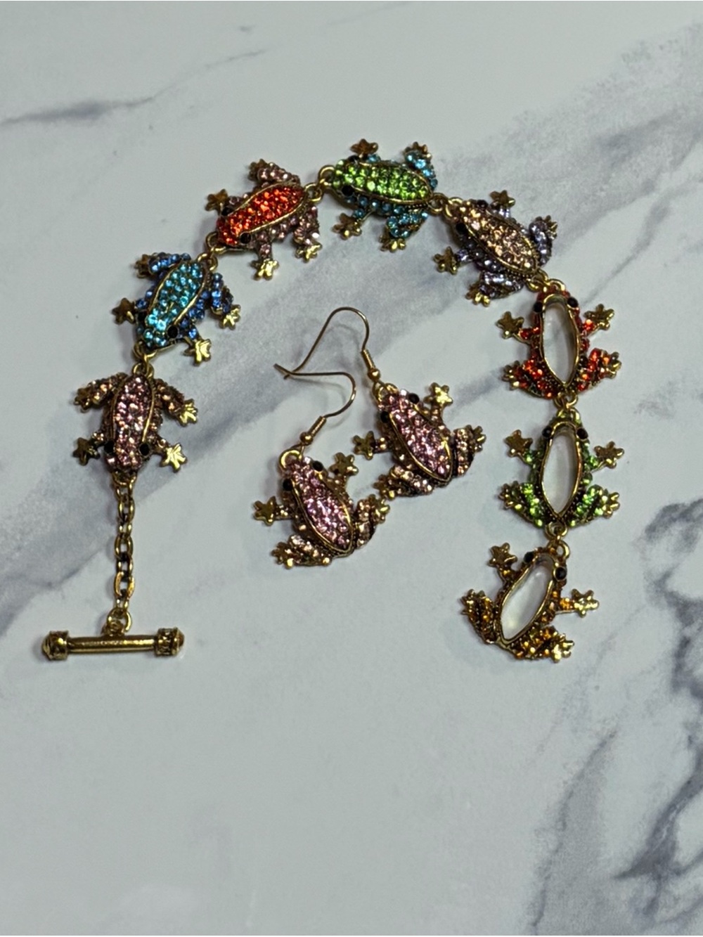 Multicolor Crystal Frog Bracelet and Earrings Set